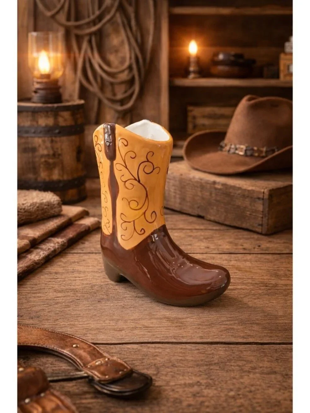 New Brown Western Cowboy Boot Decorative Flower Table Vase Room Decor